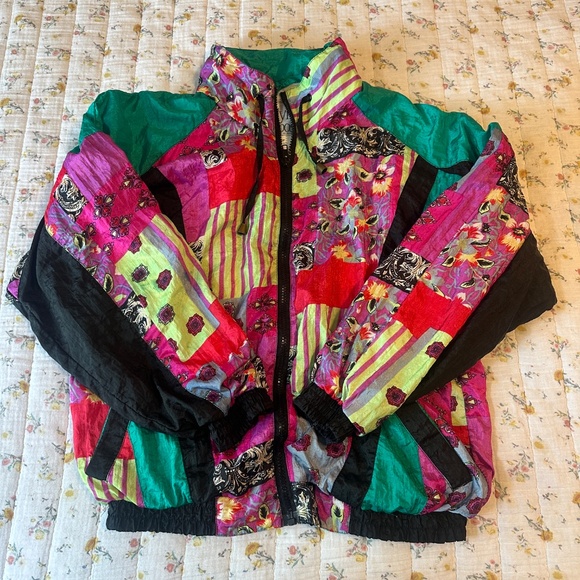 Vintage 80s Olympic Exposure Patterned Windbreaker Size 2 Petite XS-S Teal Black - Picture 3 of 9